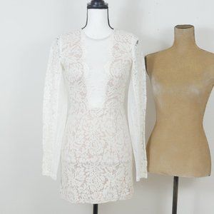 TOBI Ivory Nude Liner Sheer Neck + Sleeves Lace Size S/P Long Sleeve Mini Dress